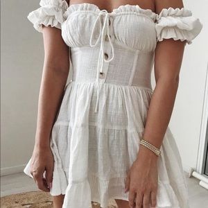 Ruched Frill Hem Off Shoulder Dress